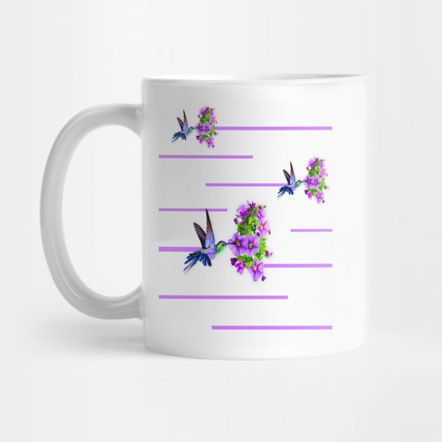 Hummingbirds and purples flowers on white by YamyMorrell